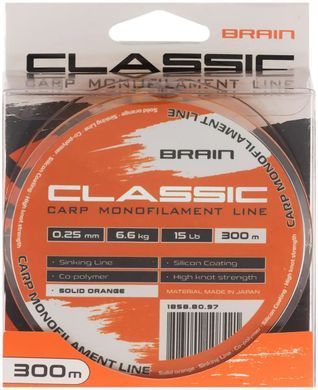 Волосінь Brain Classic Carp Line (solid orange) 300m 0.25mm 15lb 6.6kg