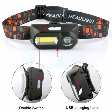 Ліхтарик налобний світлодіодний Double Light Source Headlight XPE + COB на акамуляторі з USB-зарядкою