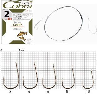 Крючки с поводком Cobra CARP 70cm, 0,14mm, разм.10, 10шт.