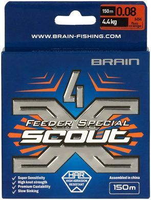 Шнур Brain Scout 4X 150m (fluoro Orange) 0.080mm 4.4kg
