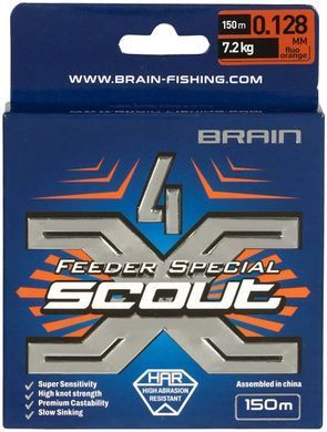 Шнур Brain Scout 4X 150m (fluoro Orange) 0.128mm 7.2kg