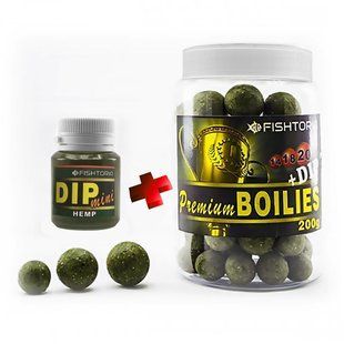 Бойлы насадочные FISHTORIA Premium Boilies 14.18.20мм 200гр + DIP 20мл Конопля